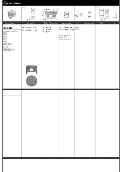 Piston Kiti 1 76 Std Ford-mazda Fiesta 1.4 Puma 1.4 Mazda 2 14i 16v Mazda 3 14i 16v Fxda-fxdb-fxdc -fxja-fxjb