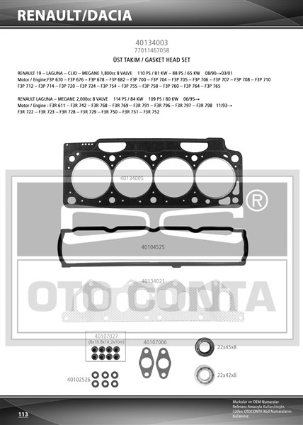 Üst Takım Conta Clıo I 91 1.8 Laguna-megane I 95 1.8-2.0 F3p 710/f3p 714 Keçeli Skc Std Subap Lastikli - 7701467058