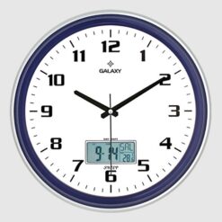 Duvar Saati Lacivert-gri Çizgi Çerçeveli 35.5cm Takvimli Termometreli Higrometreli Analog Ve Dijital Göstergeli Amerikan Bristol Kadran Akar Saniyeli Mekaniz Metalik Akrep/yelokovan/saniye Mineral Cam - SAAT T-1971-LG