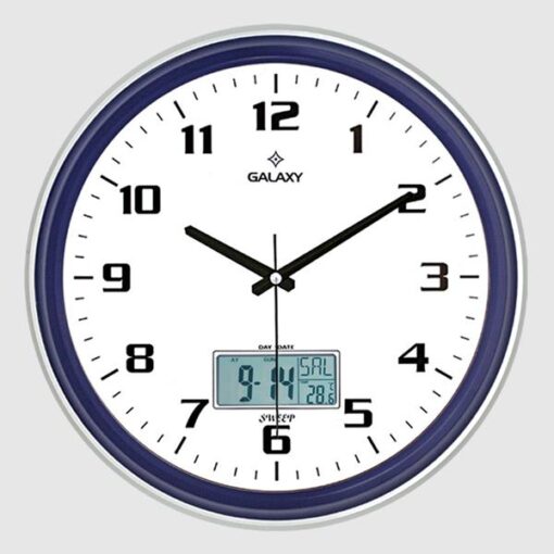 Duvar Saati Lacivert-gri Çizgi Çerçeveli 35.5cm Takvimli Termometreli Higrometreli Analog Ve Dijital Göstergeli Amerikan Bristol Kadran Akar Saniyeli Mekaniz Metalik Akrep/yelokovan/saniye Mineral Cam - SAAT T-1971-LG