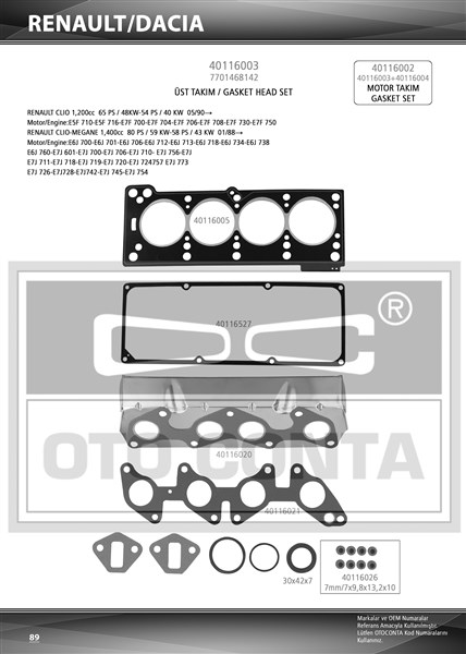 Üst Takım Contası R19-clıo 1.4 Enj. Keçeli Subap Lastikli Skc Std - 7701466343