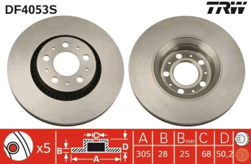 Ön Fren Aynası Volvo S60 00-10 S80 98-06 V70 97-07 Xc70 00-07 305x25x5dlx Büyük Tip Delikli -986478494-df4053s - 274170-274559-31262707-31262716