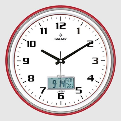 T-1971-ng Duvar Saati Kırmızı-gri Çizgi Çerçeveli 35.5cm Takvimli Termometreli Higrometreli Analog Ve Dijital Göstergeli Amerikan Bristol Kadran Akar Saniyeli Mekaniz Metalik Akrep/yelokovan/saniye - SAAT T-1971-KIG