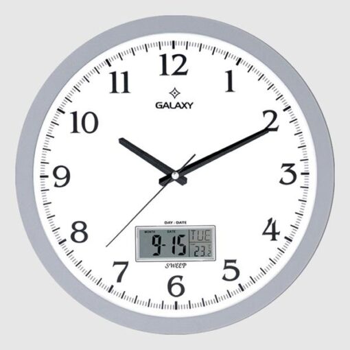 Duvar Saati Gri Çerçeveli 35.5cm Takvimli Termometreli Higrometreli Analog Ve Dijital Göstergeli Amerikan Bristol Kadran Akar Saniyeli Mekaniz Metalik Akrep/yelokovan/saniye Mineral Cam - SAAT T-1971-G