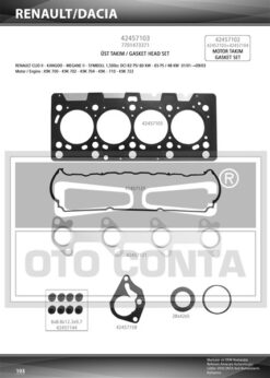 Motor Takım Conta Megane Iı 02 Clıo Iı 98 Scenıc Iı 03 Kangoo 01 Clıo Symbol I 01 09 Mıcra Iıı K12 03 10 1.5dci K9k Teflon Keçeli Subap Lastikli Skc Li - 7701473371