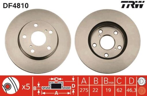 Ön Fren Diski Hava Kanallı Toyota Aurıs Corolla 1.6l 1zr-fe Benzinli Zre151 07-12 / 1.33l 1nr-fe Nre150 6 Vites 10-12 275 Çap X 5 Bijon - Takım Disk Fiyatıdır - 4351212670