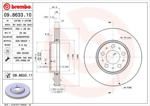 Ön Fren Aynası Volvo S60 00-10 S80 98-06 V70 97-07 Xc70 00-07 285x5dl Küçük Tip - 2724037-31262706-31400739
