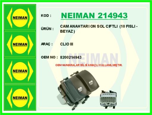 Cam Anahtarı On Sol Cıftlı 10 Fıslı - Beyaz Clıo Iıı - 8200214943